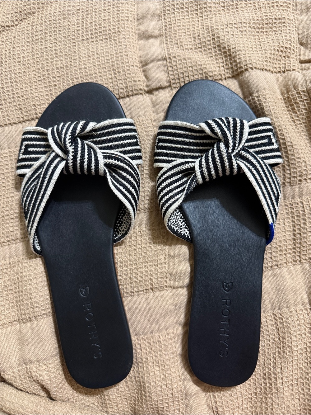 Rothy's Black & White Striped Knot Slide Sandals